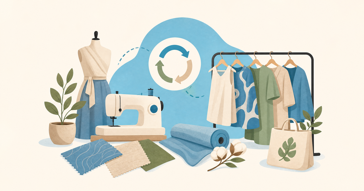 Illustration d’un budget de marque de mode éthique et durable avec vêtements, matières, étiquettes, colis et postes de financement