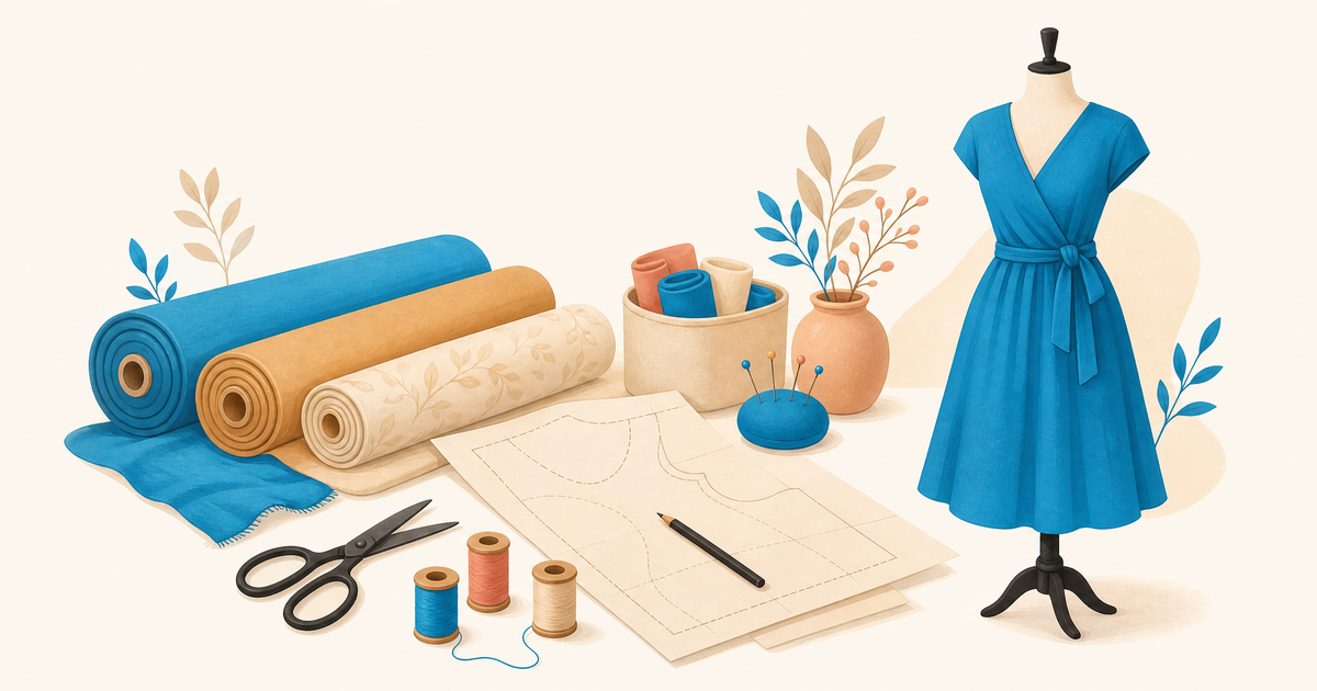 Illustration d’un budget textile et couture avec tissus, machine à coudre, prototypes, atelier et postes de financement