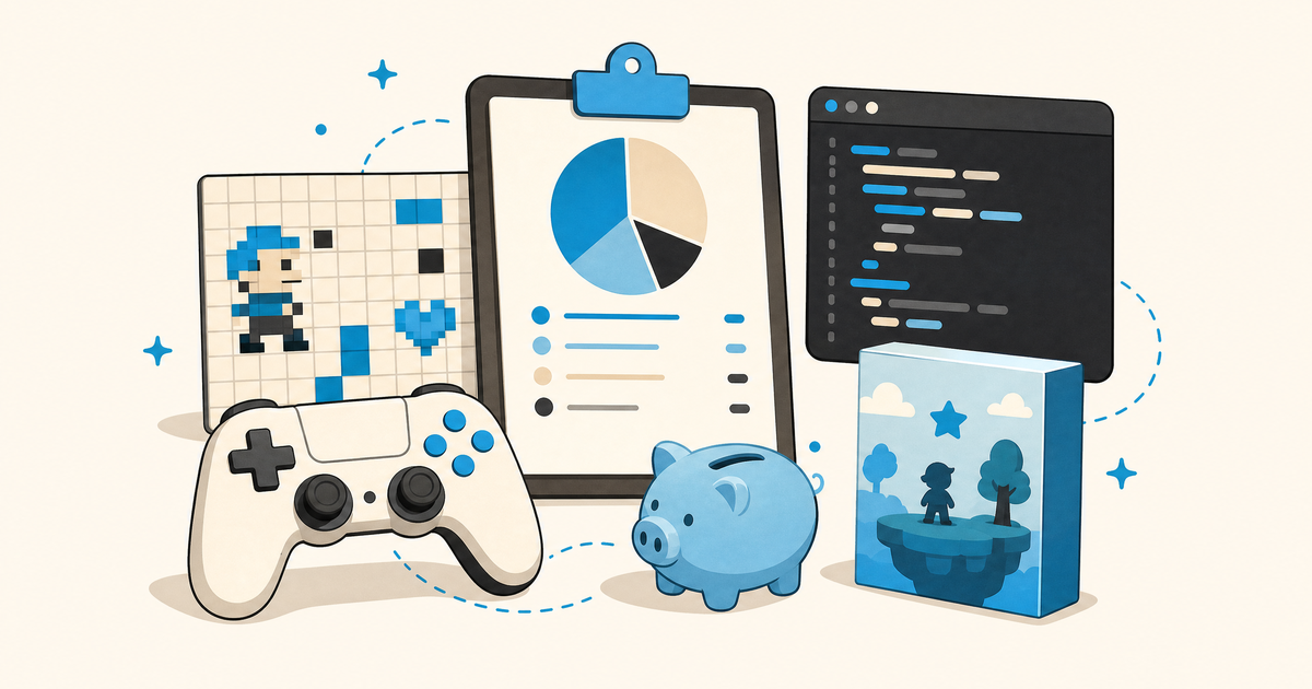 Illustration d’un budget de jeu vidéo avec écran, manette, code et postes de production.