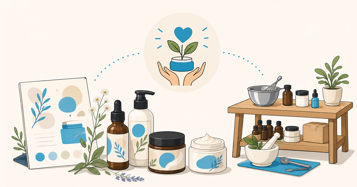 Illustration d’un budget de cosmétique naturelle avec flacons, matières premières, packaging et postes de financement