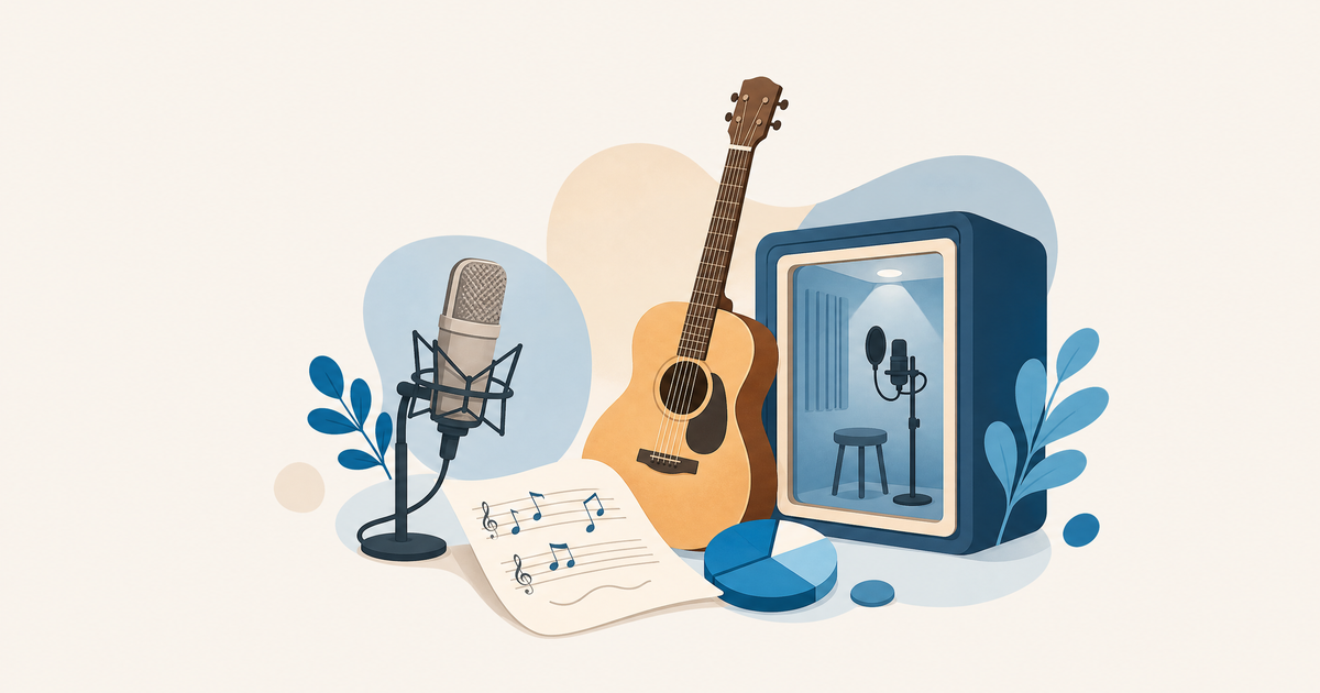 Illustration d’un budget de chanson française avec micro, casque, disque, carnet de paroles et postes de financement