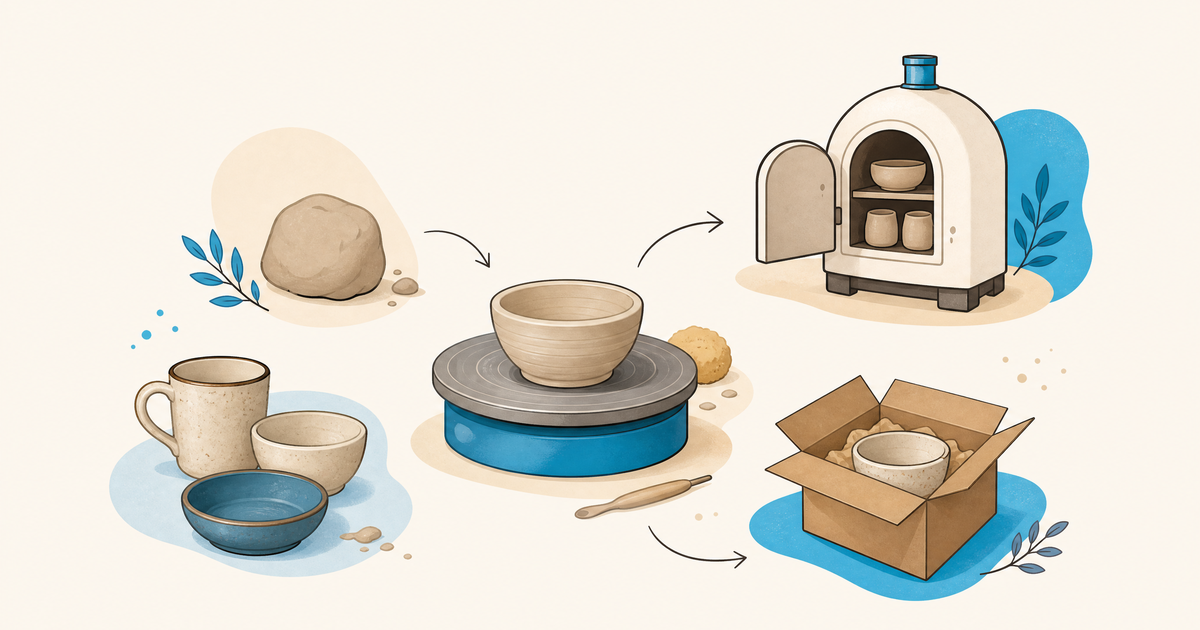 Illustration d’un budget de céramique et poterie avec four, tour, pièces en argile, émaux et postes de financement