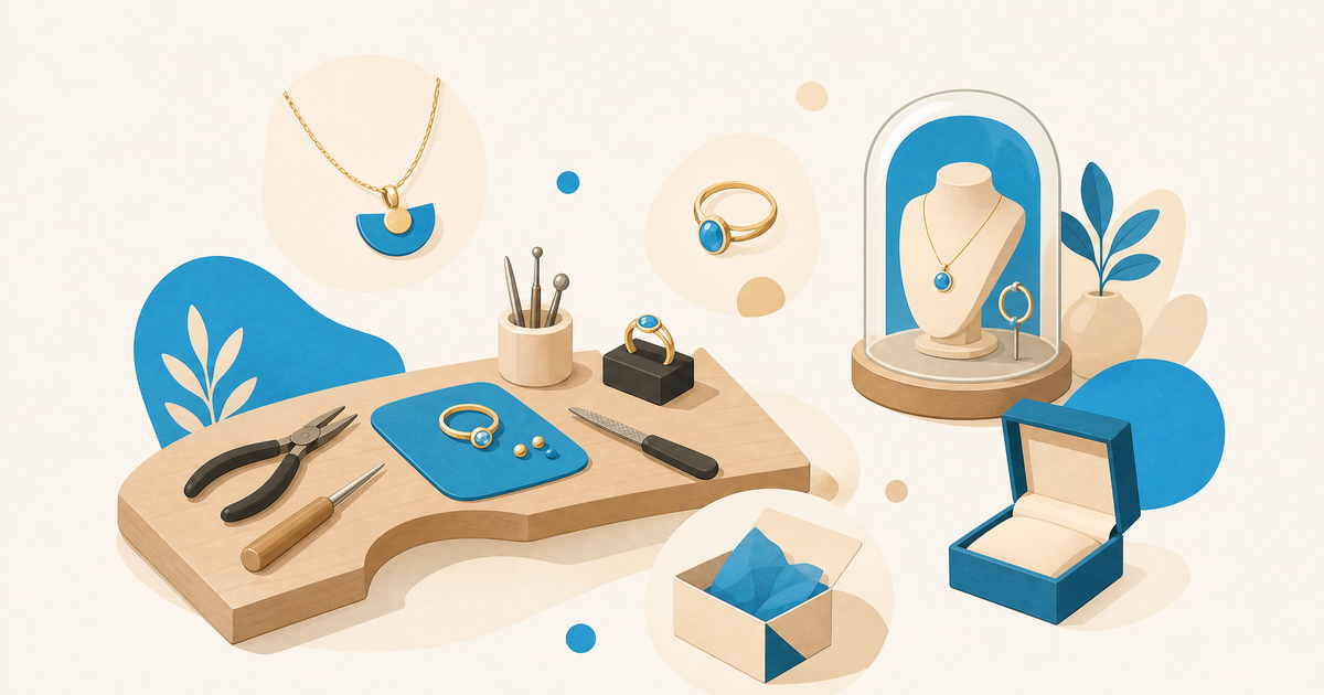 Illustration d’un budget bijoux et joaillerie avec bagues, matières, atelier, packaging et postes de financement