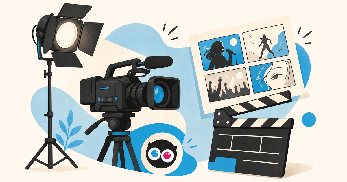 Illustration d’un budget de clip vidéo musical avec caméra, clap, lumière, montage et postes de production