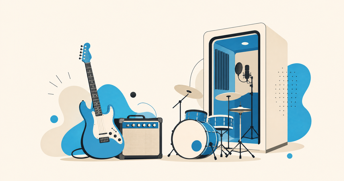 Illustration d’un budget de projet rock avec guitare, ampli, batterie, studio, pressage et postes de financement