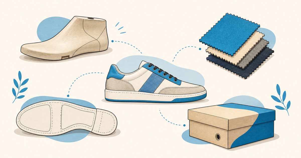Illustration d’un budget de chaussures avec prototypes, formes, semelles, matières, atelier et postes de financement