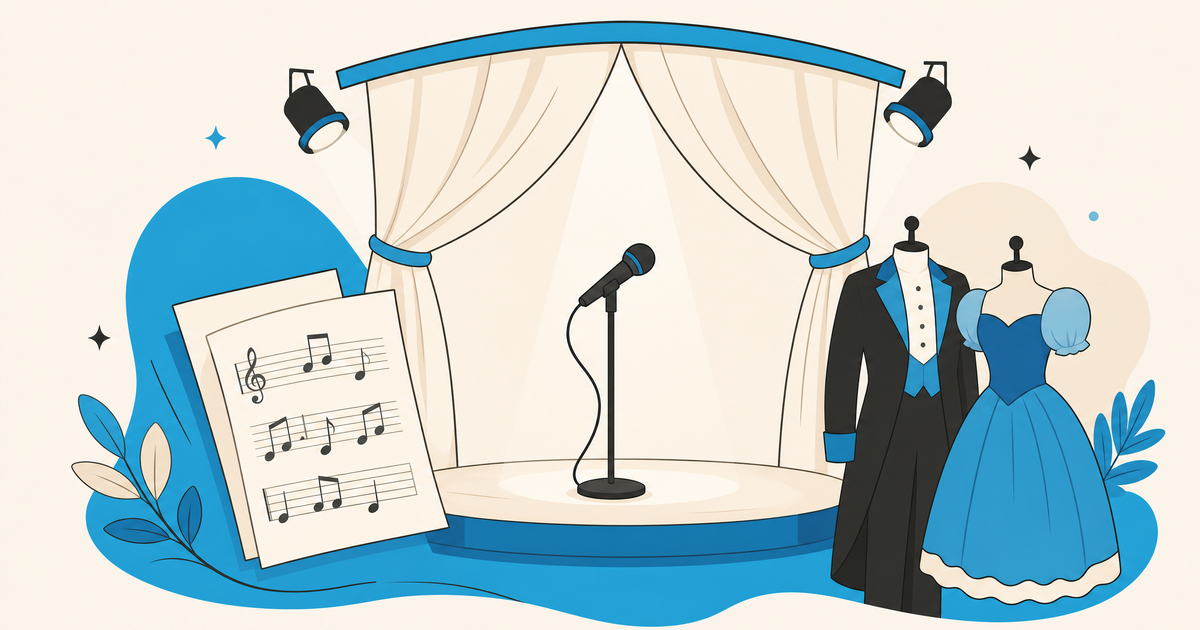 Illustration d’un budget de spectacle musical avec artistes, scène, lumières, décors et postes de financement