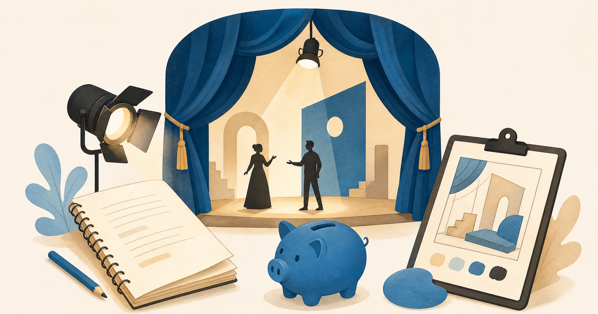 Illustration d’un budget de théâtre avec scène, costumes, lumière, répétitions et postes de financement
