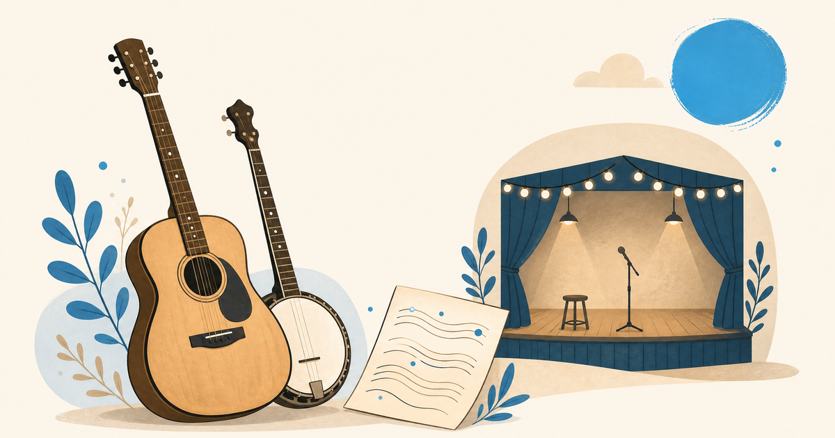 Illustration d’un budget de musique folk avec guitare, micro, studio, pressage et postes de financement
