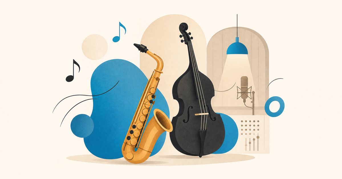 Illustration d’un budget jazz avec saxophone, contrebasse, studio, vinyle et postes de financement