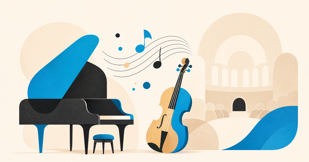 Illustration d’un budget de musique classique avec partition, instruments, studio, salle et postes de financement