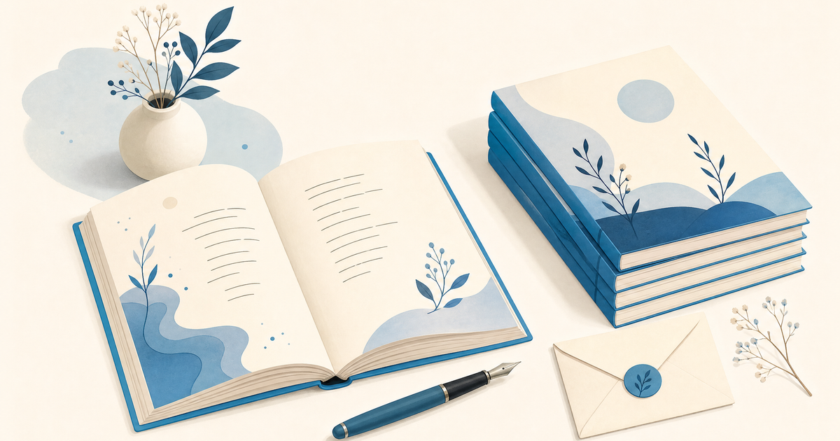 Illustration d’un budget de recueil de poésie avec livre, manuscrit, enveloppes et postes de financement