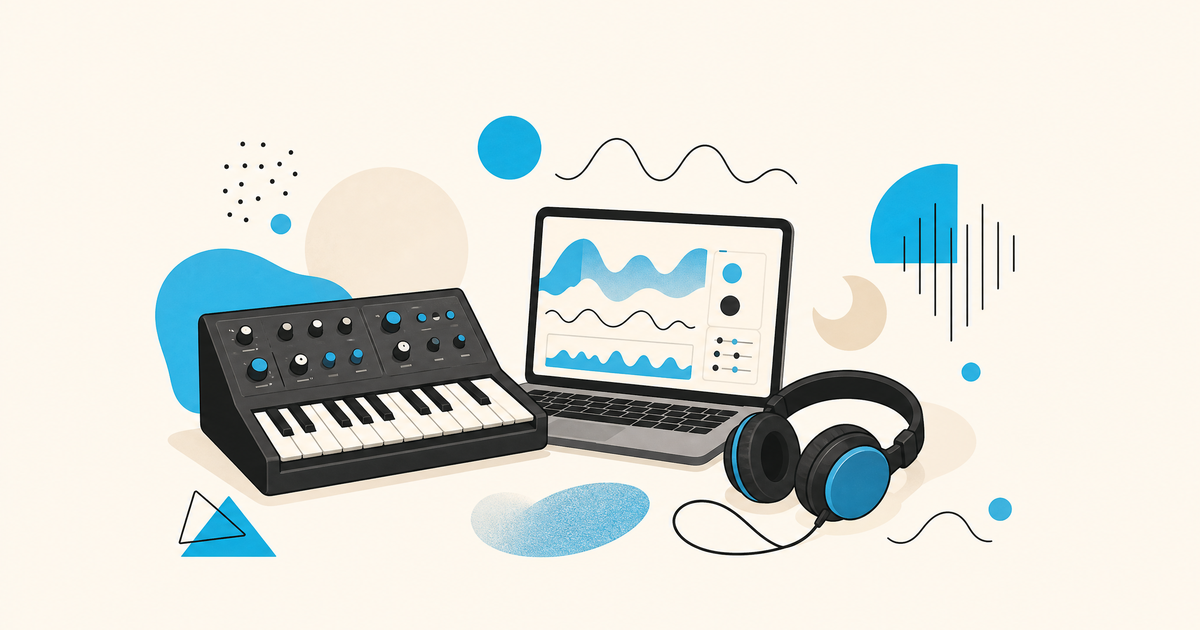 Illustration d’un budget de projet électro avec synthétiseur, platines, ordinateur, vinyles et postes de financement