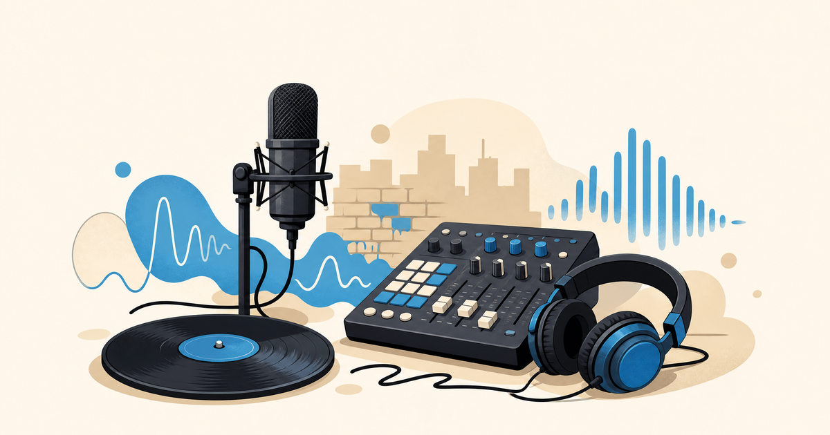 Illustration d’un budget rap/hip-hop avec micro, studio, clip, merchandising et promotion