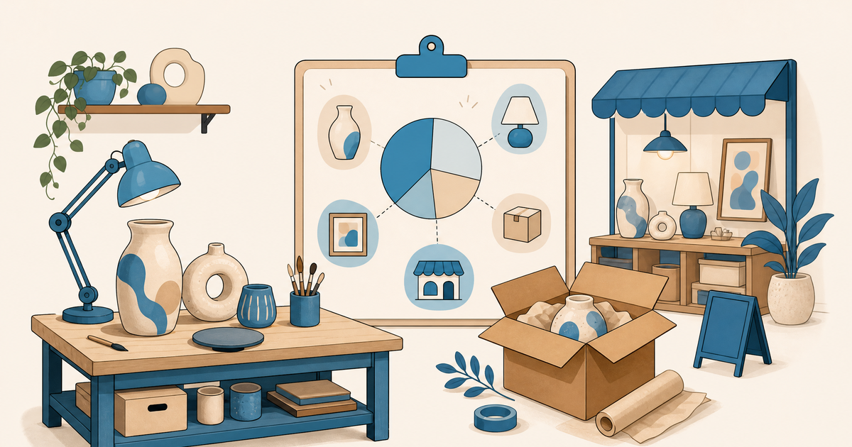 Illustration d’un budget d’objets déco avec objets décoratifs, matériel d’atelier, emballages et postes de financement