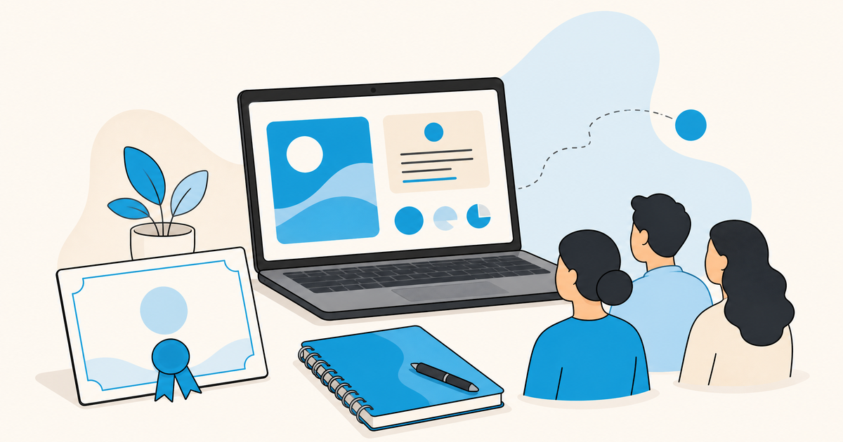 Illustration d’un budget de formation professionnelle avec supports pédagogiques, ordinateur, intervenant, apprenants et postes de financement