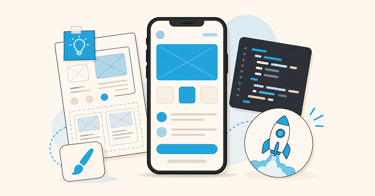 Illustration d’un budget d’application mobile avec smartphone, interface de jeu, code, tests et postes de financement