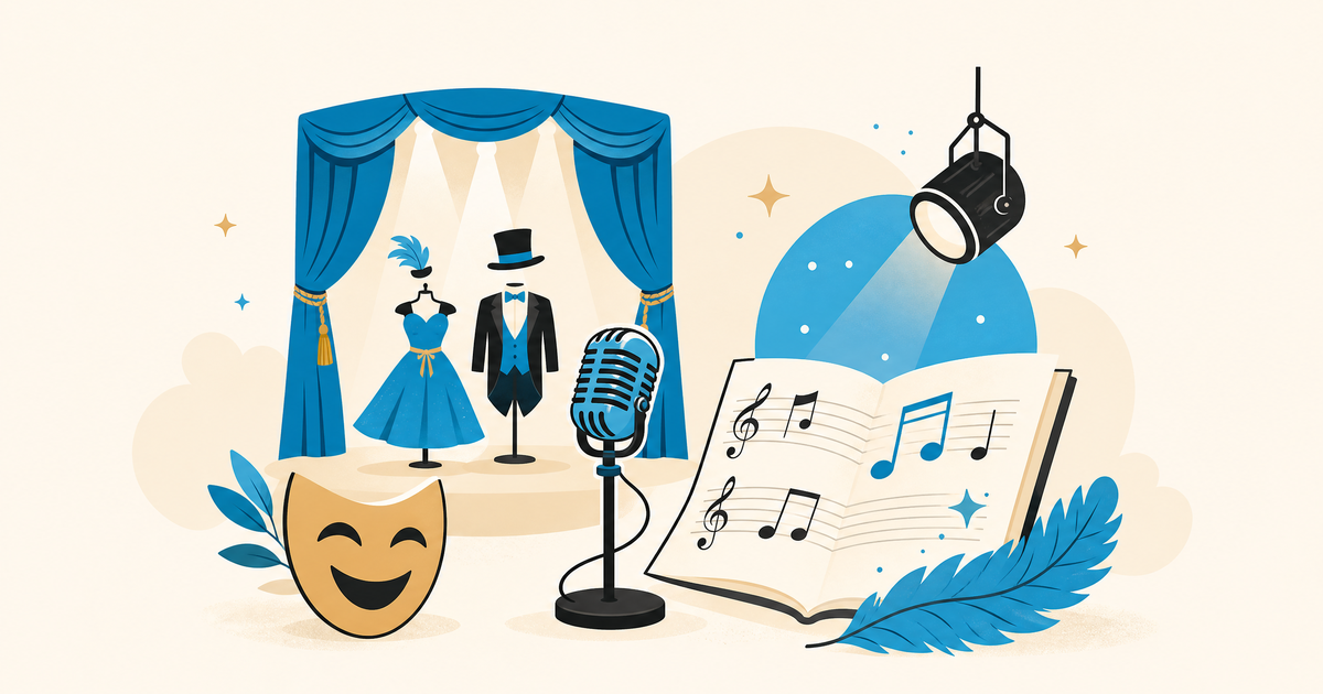 Illustration d’un budget de comédie musicale avec scène, costumes, partitions, projecteurs et postes de financement