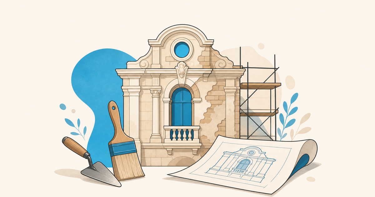 Illustration d’un budget de restauration du patrimoine avec bâtiment ancien, outils, échafaudage, plans et postes de financement