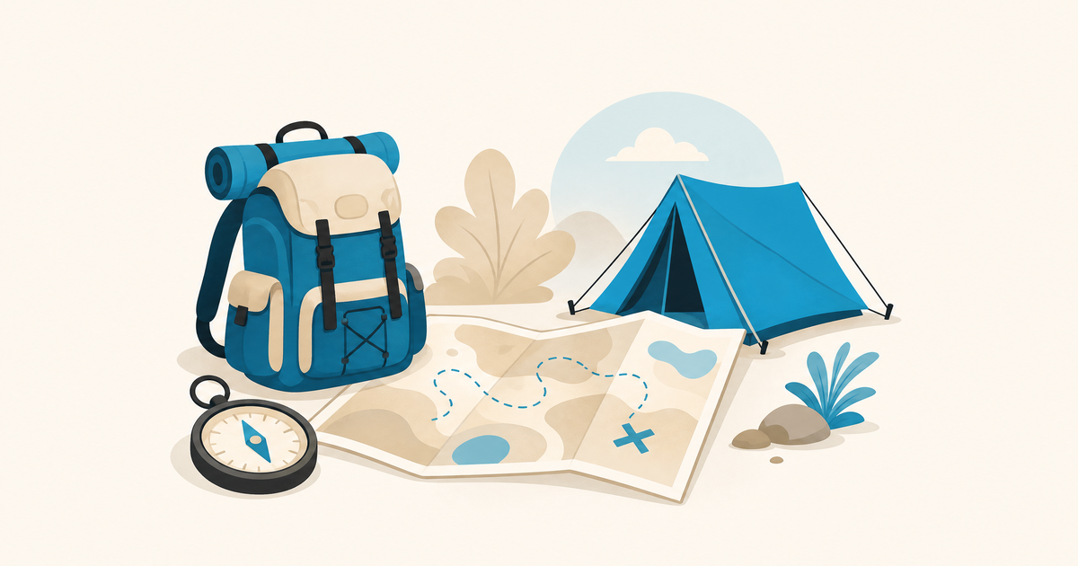 Illustration d’un budget d’aventure ou d’expédition avec carte, sac, matériel technique, transport et postes de financement