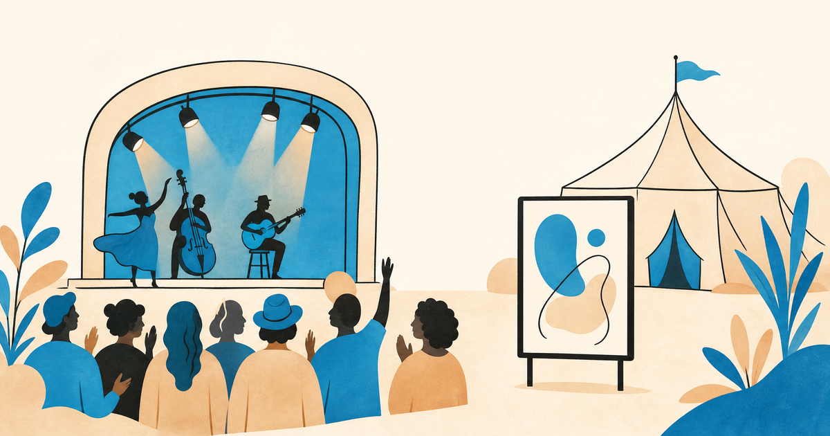 Illustration d’un budget de festival de spectacle vivant avec scène, chapiteau, artistes, public et postes de financement
