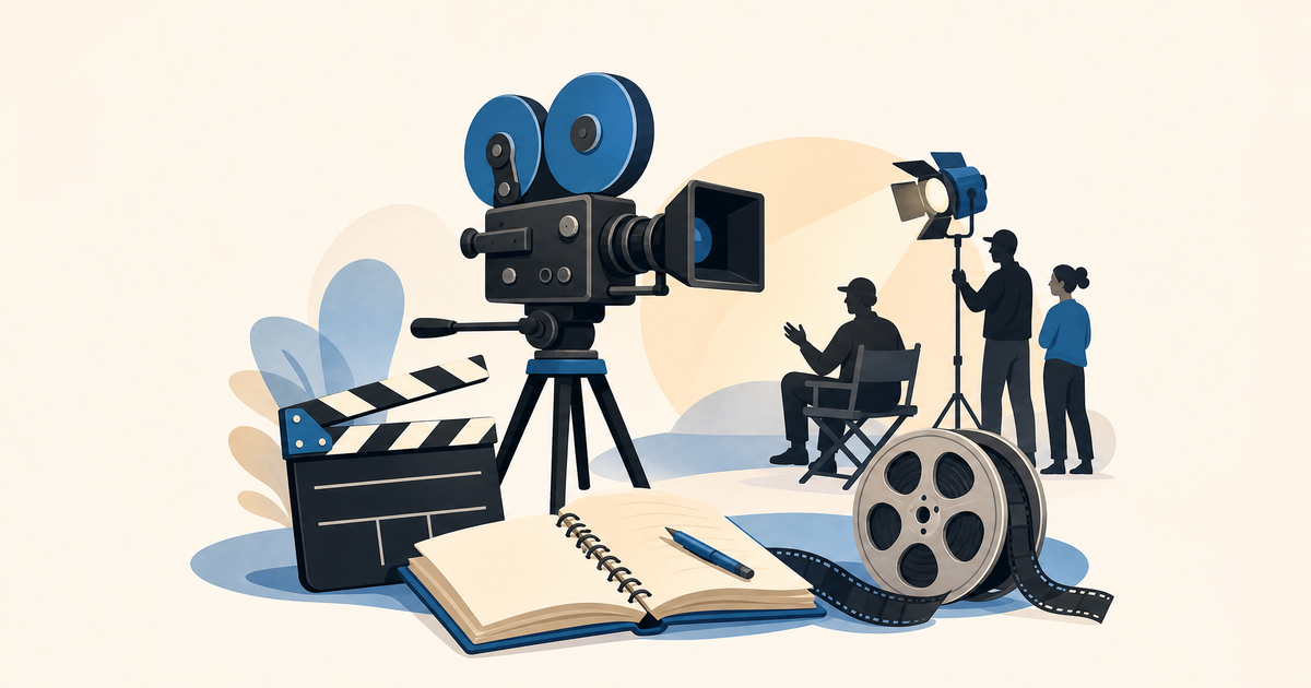 Illustration d’un budget de long-métrage avec caméra, clap, équipe de tournage, décors, post-production et postes de financement