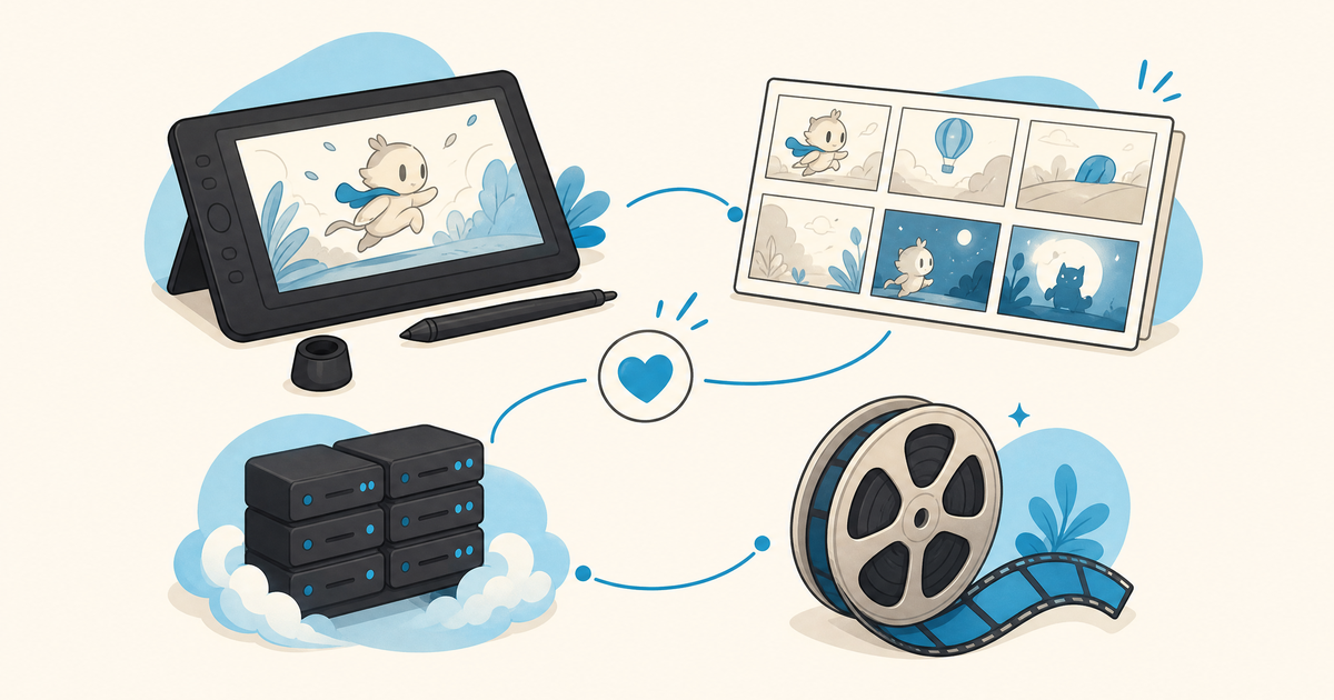 Illustration d’un budget de film d’animation avec storyboard, tablette, décors, personnages, son et postes de production