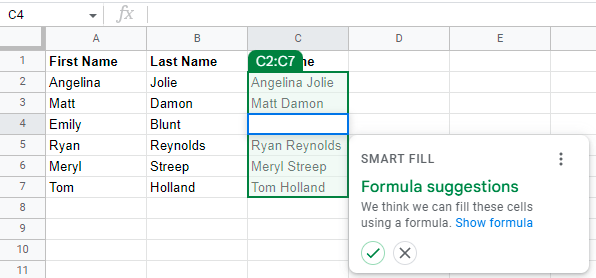 Smart fill - Combining first and last names: step 2