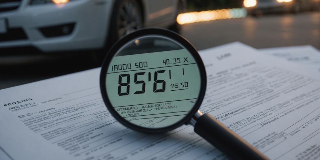 Inspecting car odometer and documents for mileage verification