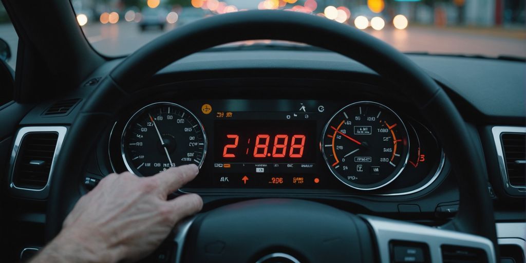 Car dashboard showing tampered odometer and warning signs