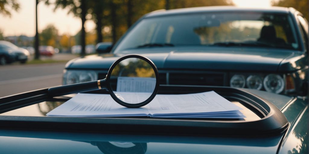 Car, documents, magnifying glass for PPSR/REVS check services