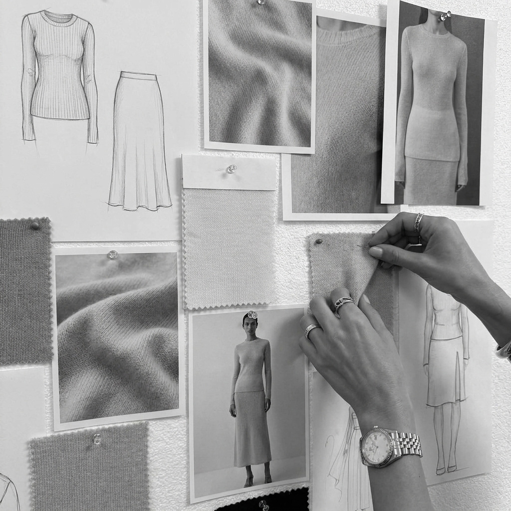 Close-up of a designer's hands pinning a fabric swatch to a board displaying knitwear garment sketches, fabric texture photos, and model photos wearing fitted knit tops and skirts.