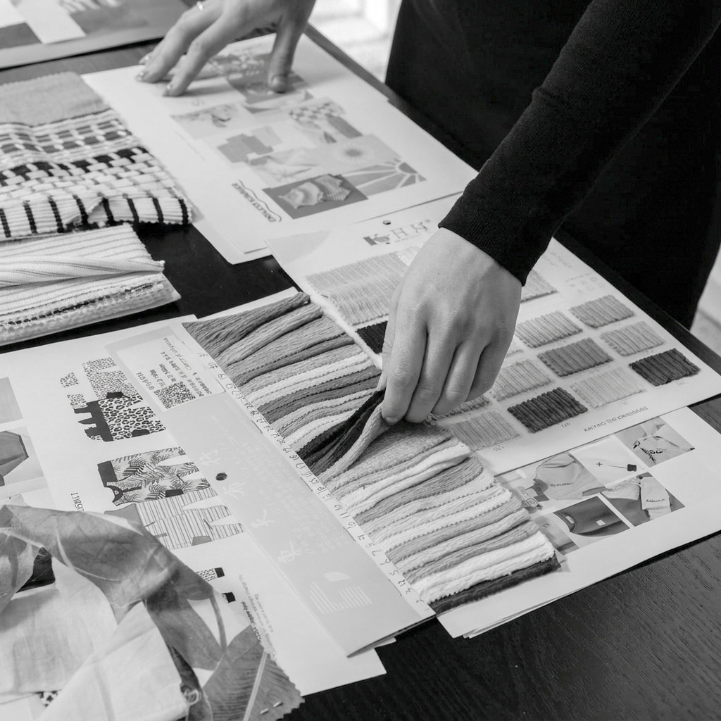 Hands examining and organizing fabric swatches and textile samples with patterns and color charts on a table.