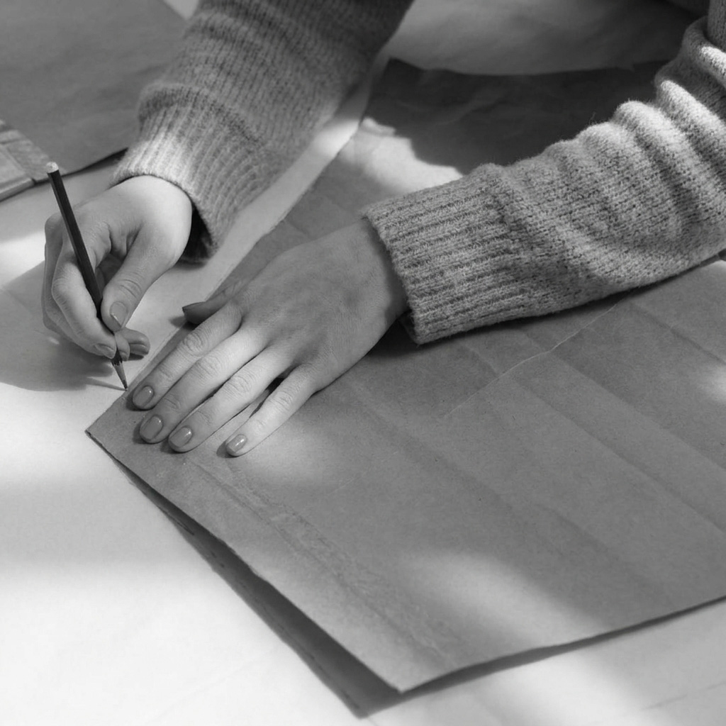 A person with a knitted sweater traces or marks a pattern on brown paper with a pencil, suggesting a sewing or crafting activity.