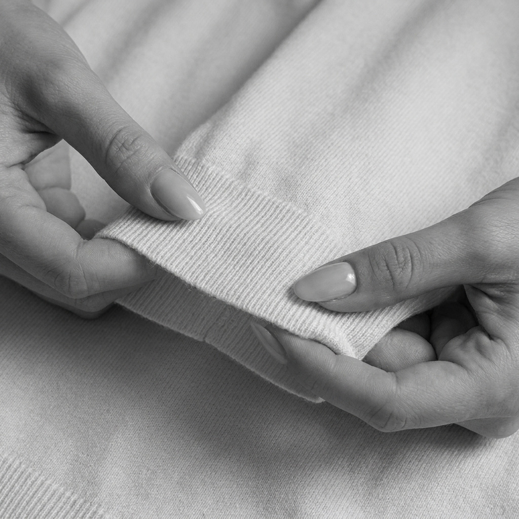 Close-up of two hands holding and gently stretching the cuff of a light-colored knitted garment, showing the texture of the fabric.