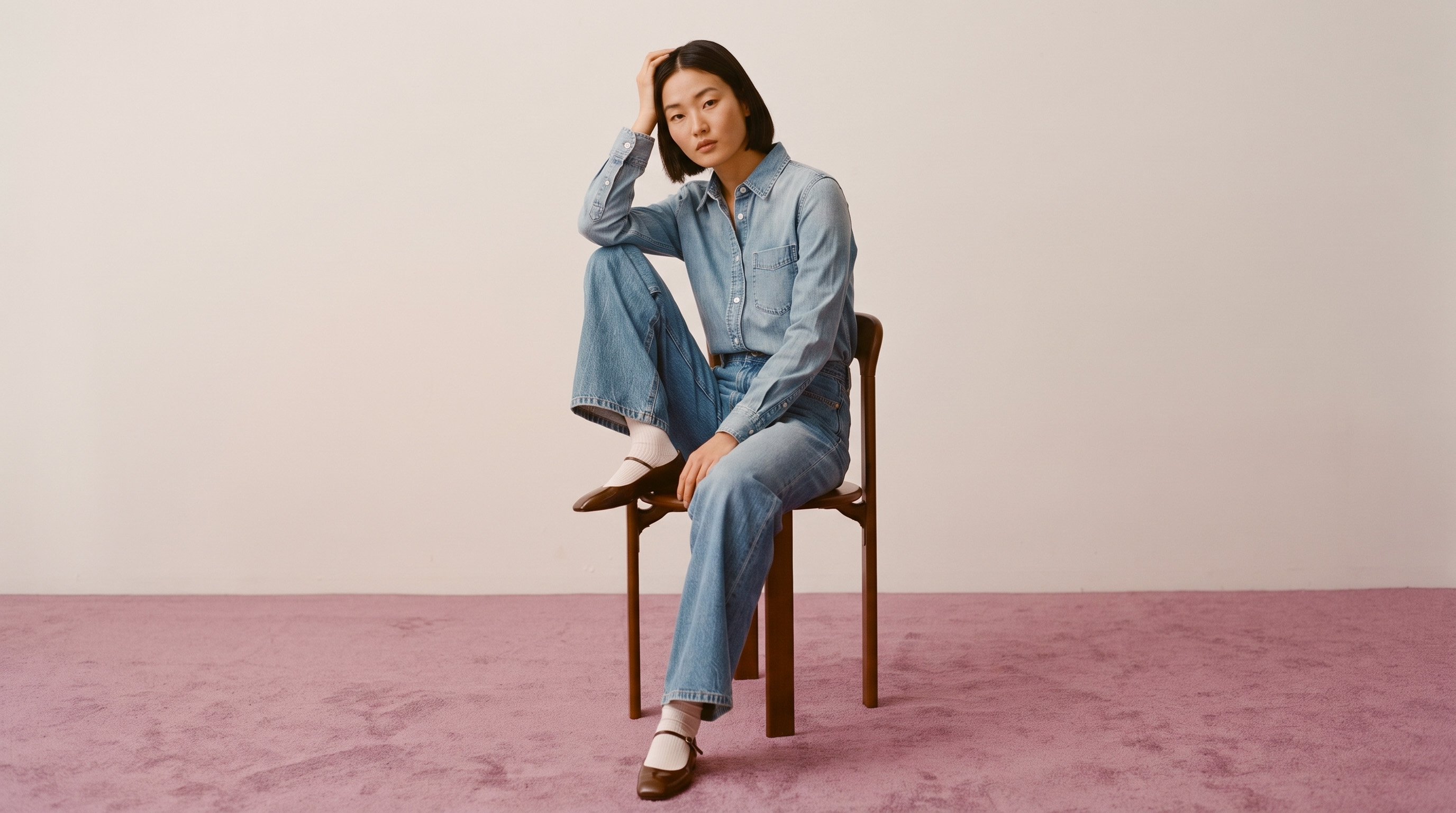 Woman sitting on a wooden chair with one leg bent on the seat, wearing a light blue denim shirt and jeans, white socks, and dark brown Mary Jane shoes, against a plain beige wall and purple carpet floor.