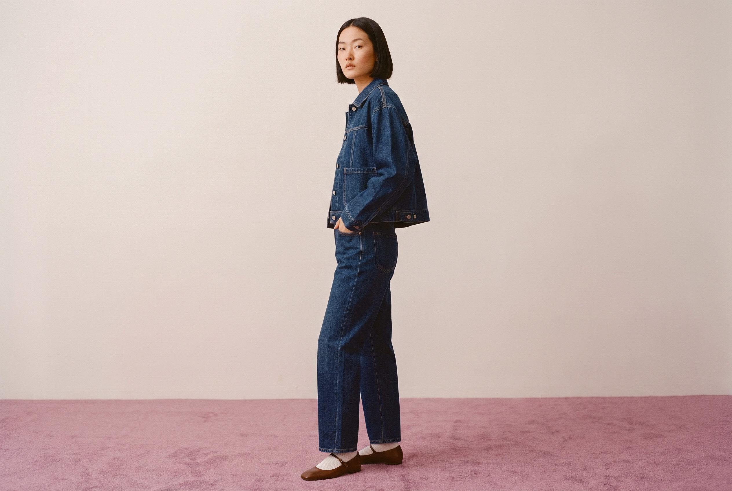 Woman standing on a pink carpeted floor against a plain beige wall, wearing a dark blue denim jacket and matching jeans, white socks, and brown flat shoes.