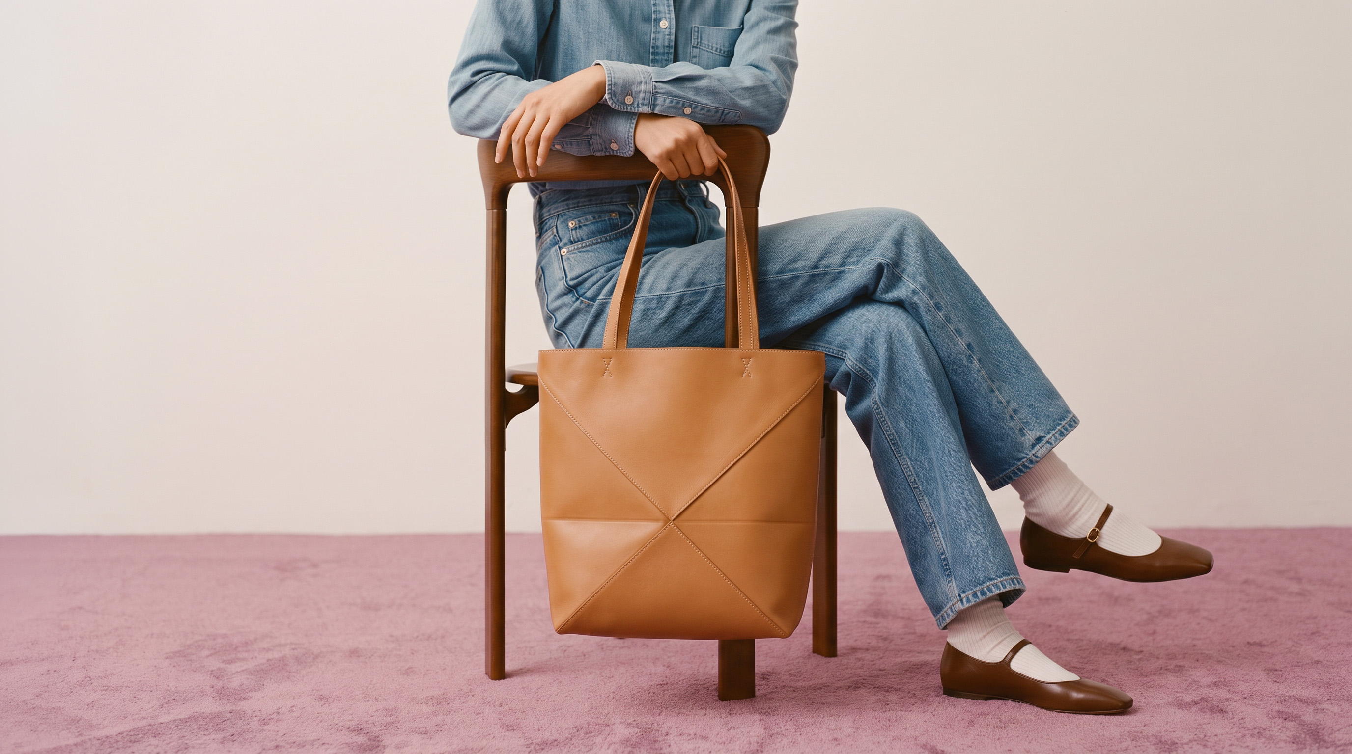 Person wearing light blue denim jeans and a matching denim shirt sitting on a wooden chair with arms crossed and holding a tan leather tote bag, wearing white socks and brown Mary Jane flat shoes, on a pink carpeted floor against a plain beige wall.