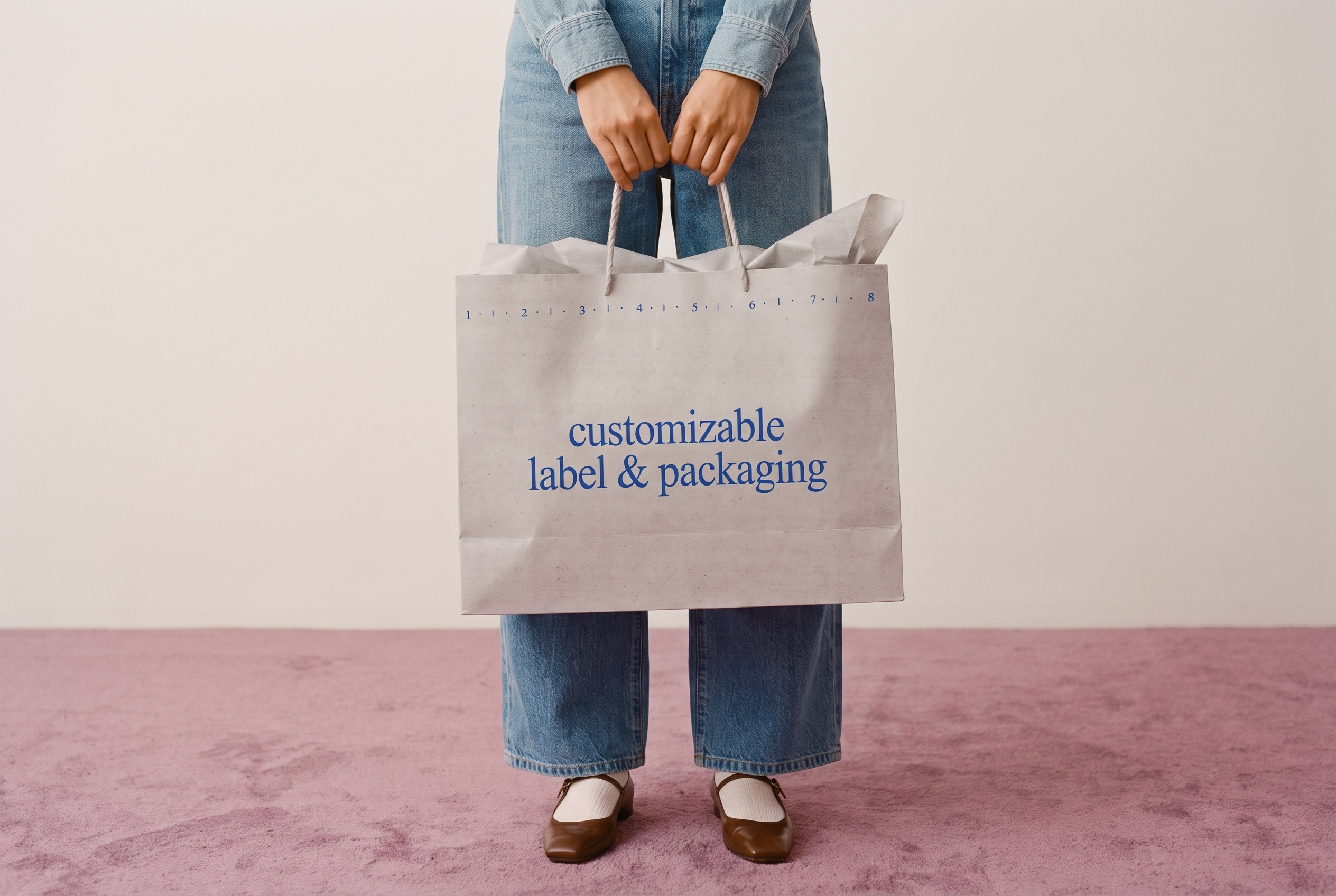 Person wearing blue jeans and brown shoes holding a large paper shopping bag with rope handles that reads 'customizable label & packaging' in blue text, standing on a light purple carpet with a plain cream background.