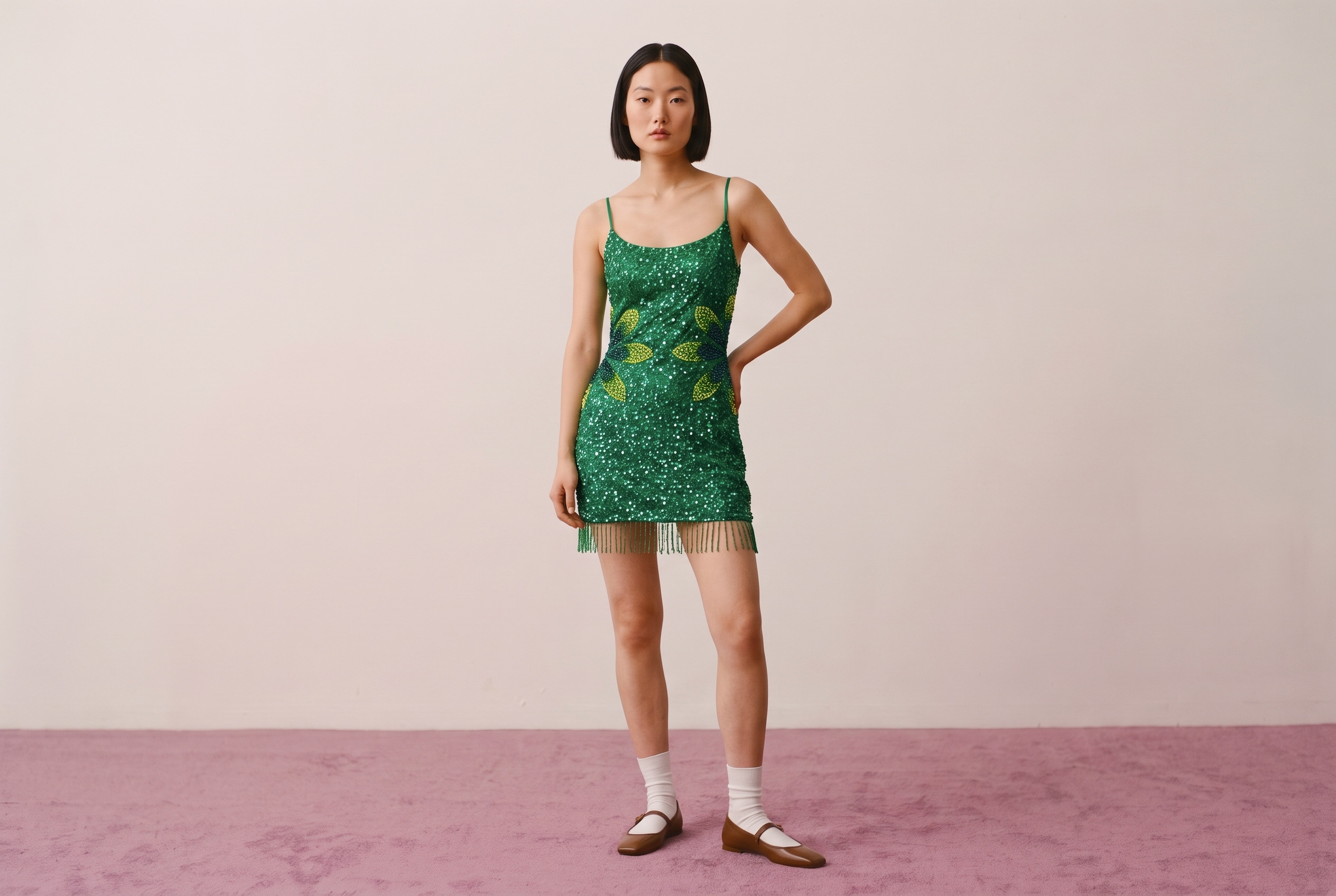 Young woman with short black hair standing with one hand on her hip, wearing a green sequined mini dress with floral patterns and fringe at the hem, white socks, and brown flat shoes, against a plain light background with a mauve carpeted floor.