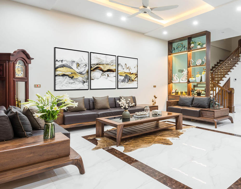 Sofa Gỗ Sồi Sơn Màu Óc Chó Sang Trọng Và Tinh Tế Cho Phòng Khách