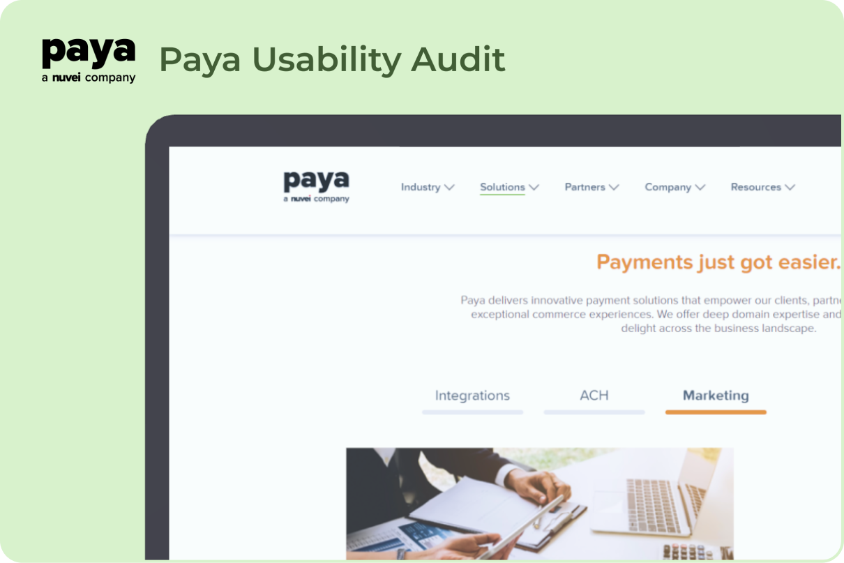 Paya website screen with the words "Paya Usability Audit"