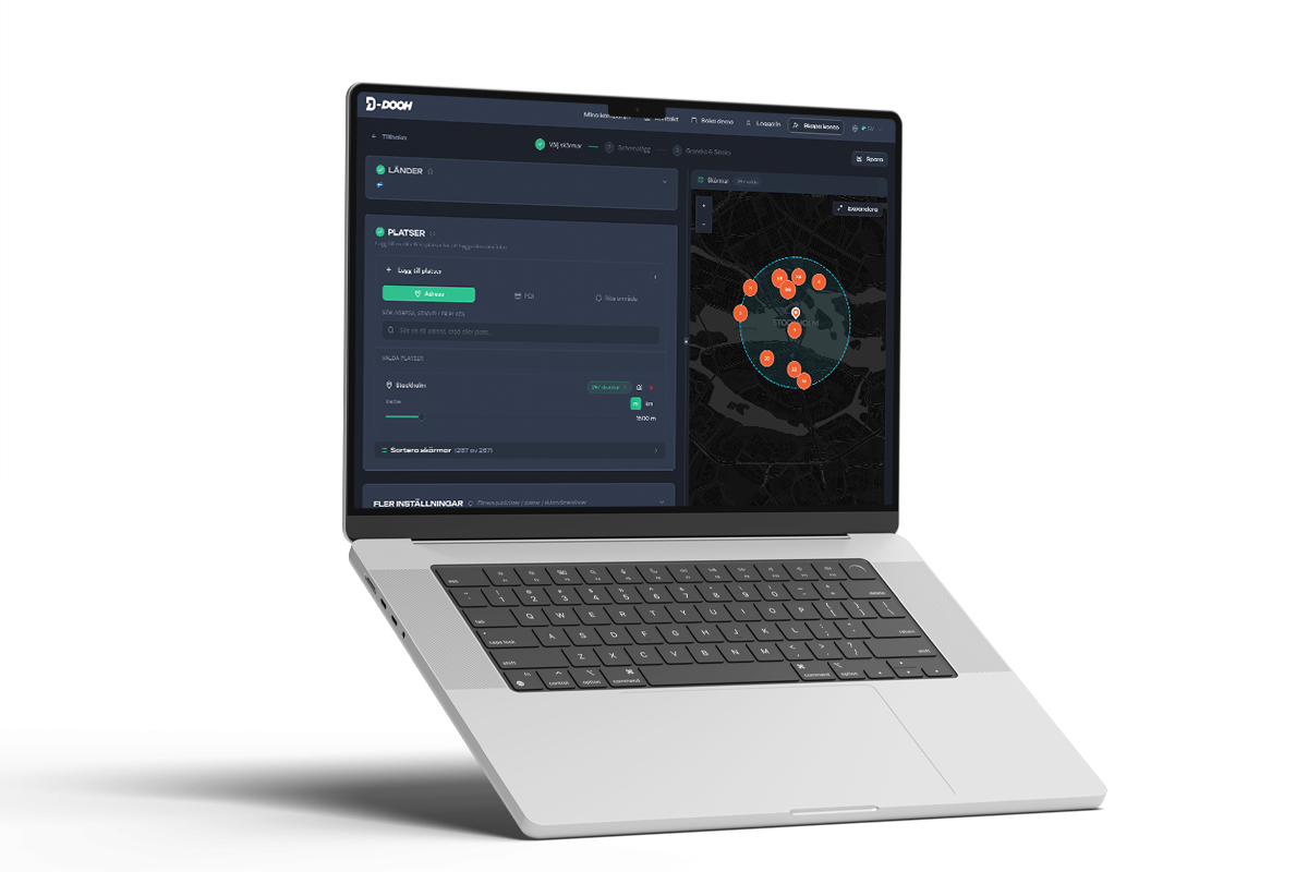 Laptop showing the D-DOOH planning tool for programmatic DOOH and digital outdoor advertising in Europe.
