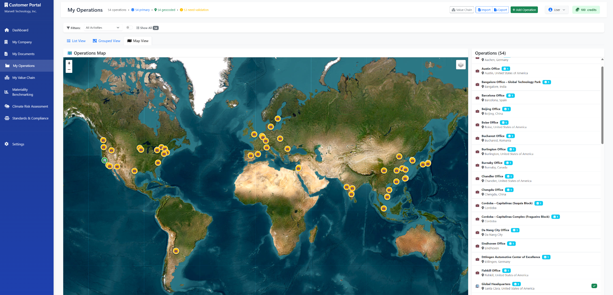 Global Operations Map showing worldwide facility locations