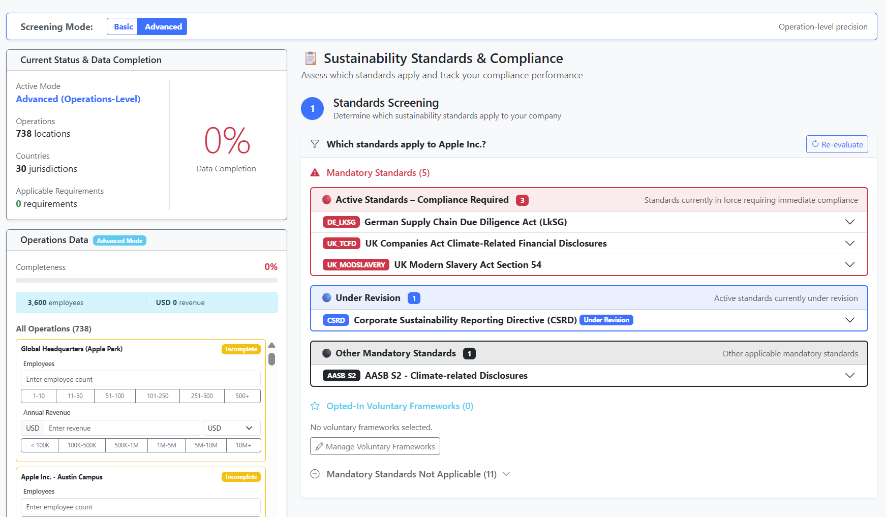 Standards screening dashboard showing mandatory compliance requirements