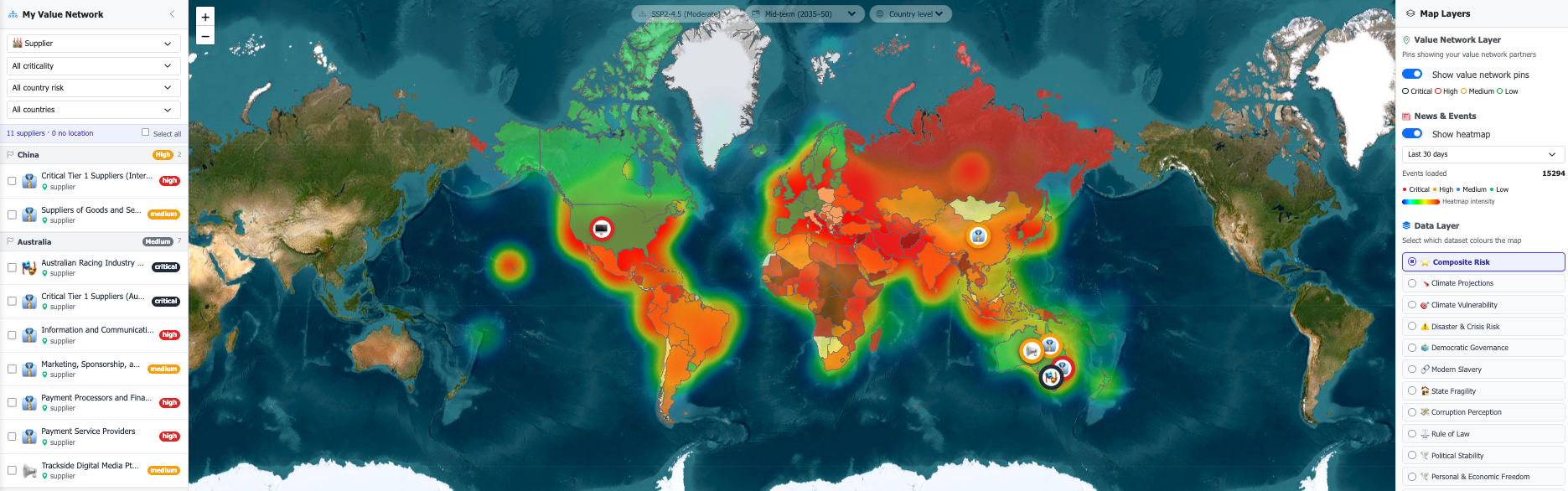Supplier Risk Assessment map showing global ESG risk heatmap with supplier pins and risk scoring