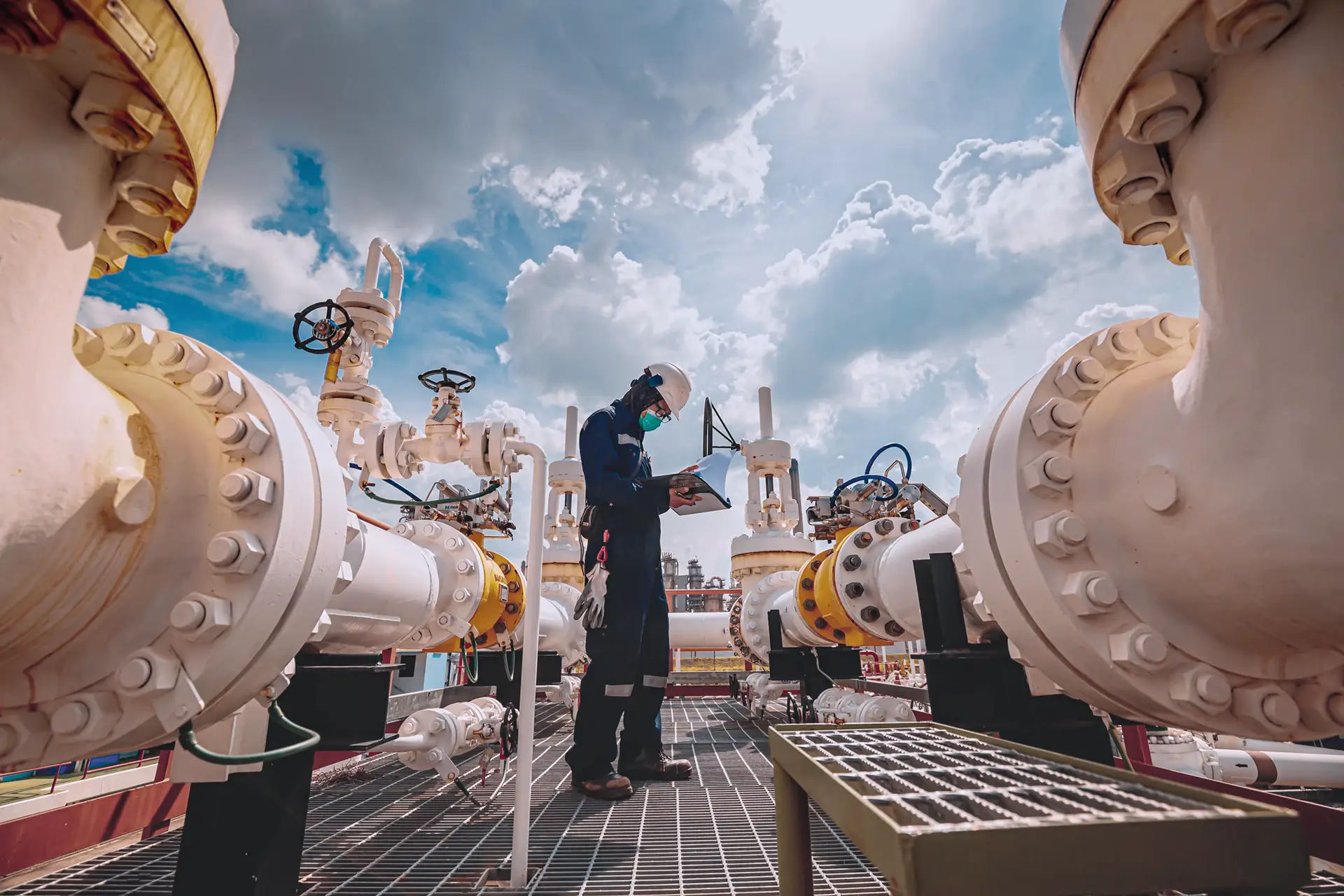 Industrial worker wearing safety gear inspecting documents amidst large pipeline valves under a partly cloudy sky.