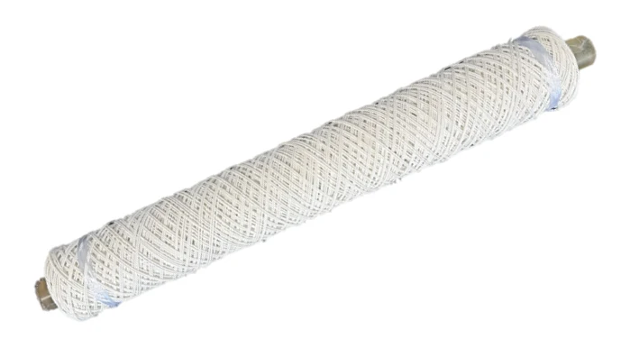 White cylindrical string-wound filter cartridge with metal end caps.