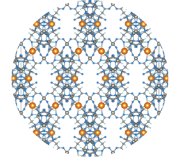 Illustration of a complex molecular structure with interconnected atoms represented by gray, blue, and orange spheres within a circular shape.
