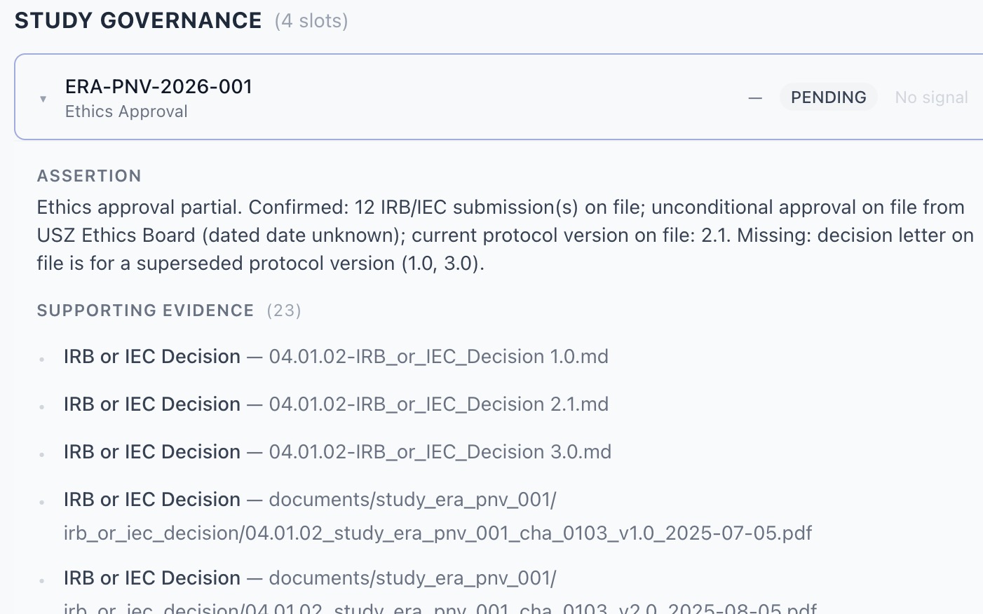 CEE study-governance assessment showing an ethics-approval assertion and its supporting decision-letter records.